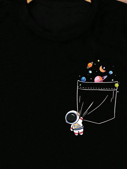 Calvaya Plus Size Women Summer Astronaut Printed Round Neck Short Sleeve Casual T-Shirt Graphic Tees Women Tops
