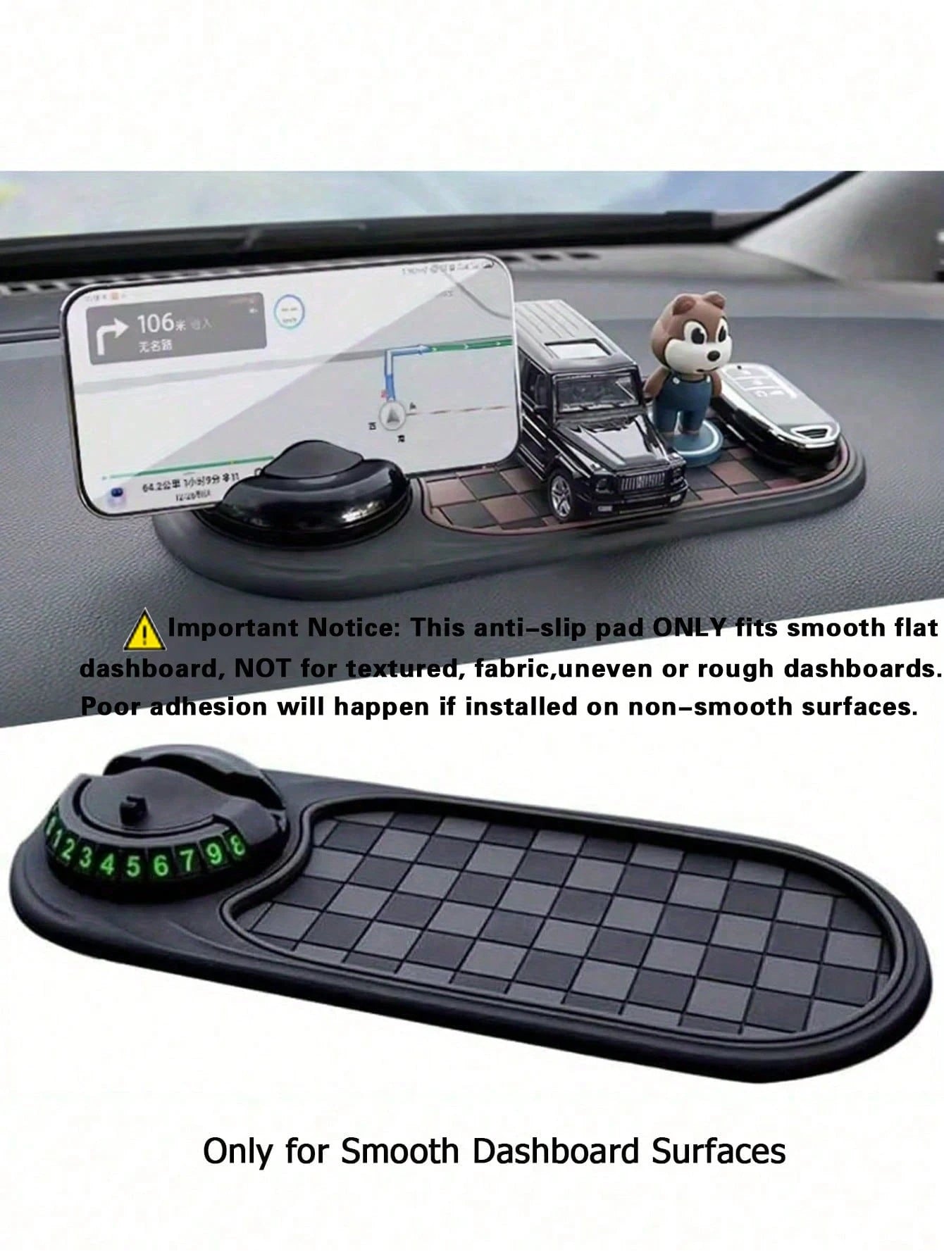 Car Dash Anti Slip Mat With Spring Phone Mount & Temporary Parking Plate, Only For Smooth Plastic Dashboard, Limited Anti-Slip Friction, Just Fit Thin Small Phones, Not Compatible With Large Thick-Cas