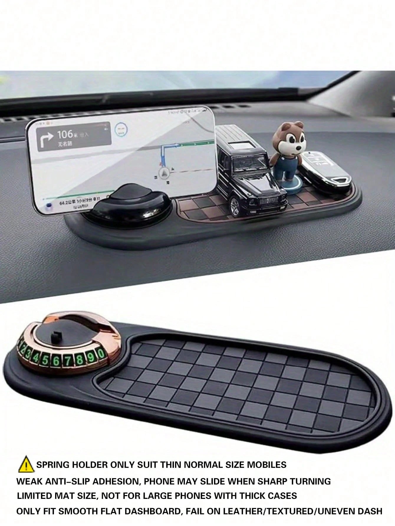 Car Dash Anti Slip Mat With Spring Phone Mount & Temporary Parking Plate, Only For Smooth Plastic Dashboard, Limited Anti-Slip Friction, Just Fit Thin Small Phones, Not Compatible With Large Thick-Cas