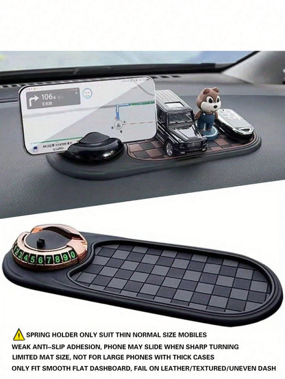 Car Dash Anti Slip Mat With Spring Phone Mount & Temporary Parking Plate, Only For Smooth Plastic Dashboard, Limited Anti-Slip Friction, Just Fit Thin Small Phones, Not Compatible With Large Thick-Cas
