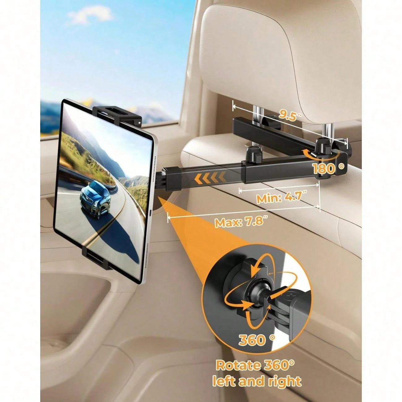 Car Headrest Tablet Holder- [Lockable] [Thick Case Friendly] [Foldable Clip] Car Backseat Tablet Mount, Car Accessories For Kids, For Pro, Air, Mini, Galaxy, Fire HD, 4.7-13" Tablets