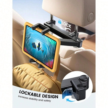 Car Headrest Tablet Holder- [Lockable] [Thick Case Friendly] [Foldable Clip] Car Backseat Tablet Mount, Car Accessories For Kids, For Pro, Air, Mini, Galaxy, Fire HD, 4.7-13" Tablets