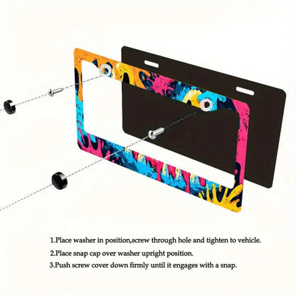 Car K 2D Flat Large License Plate Frame, Neon Graffiti Style- Heavy Aluminum Structure, Suitable For American/International Cars, SUVs, Trucks- Scratch-Resistant And Impact-Resistant, Comes With Scr