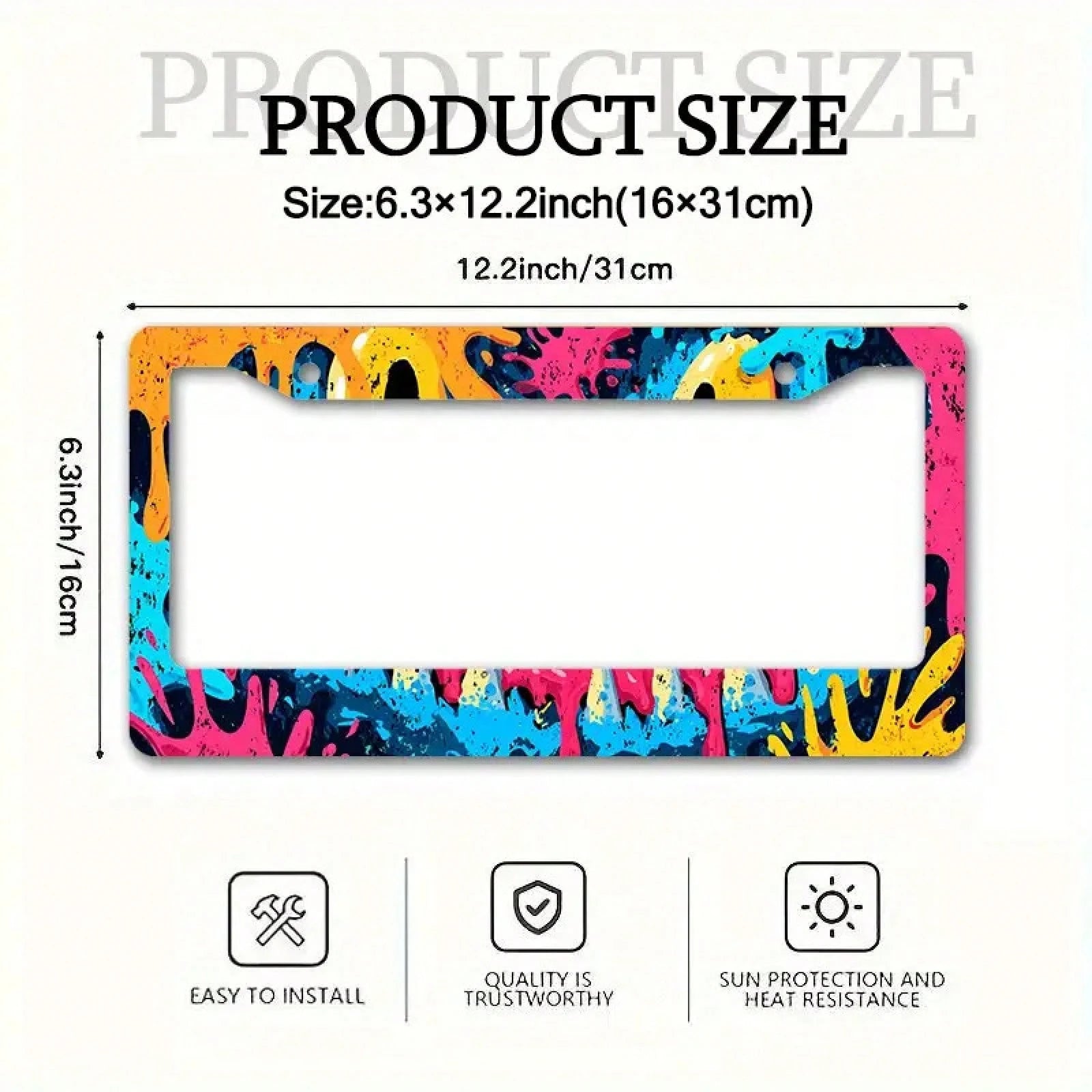 Car K 2D Flat Large License Plate Frame, Neon Graffiti Style- Heavy Aluminum Structure, Suitable For American/International Cars, SUVs, Trucks- Scratch-Resistant And Impact-Resistant, Comes With Scr