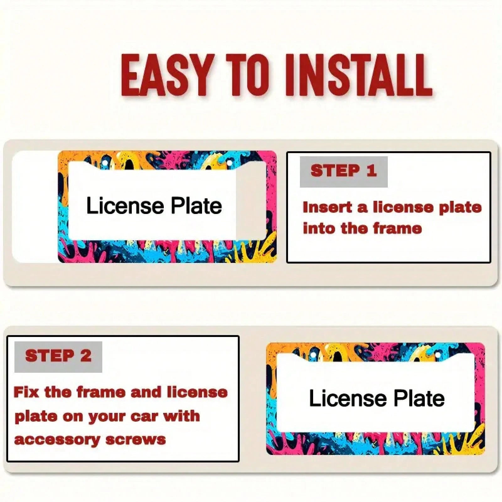 Car K 2D Flat Large License Plate Frame, Neon Graffiti Style- Heavy Aluminum Structure, Suitable For American/International Cars, SUVs, Trucks- Scratch-Resistant And Impact-Resistant, Comes With Scr