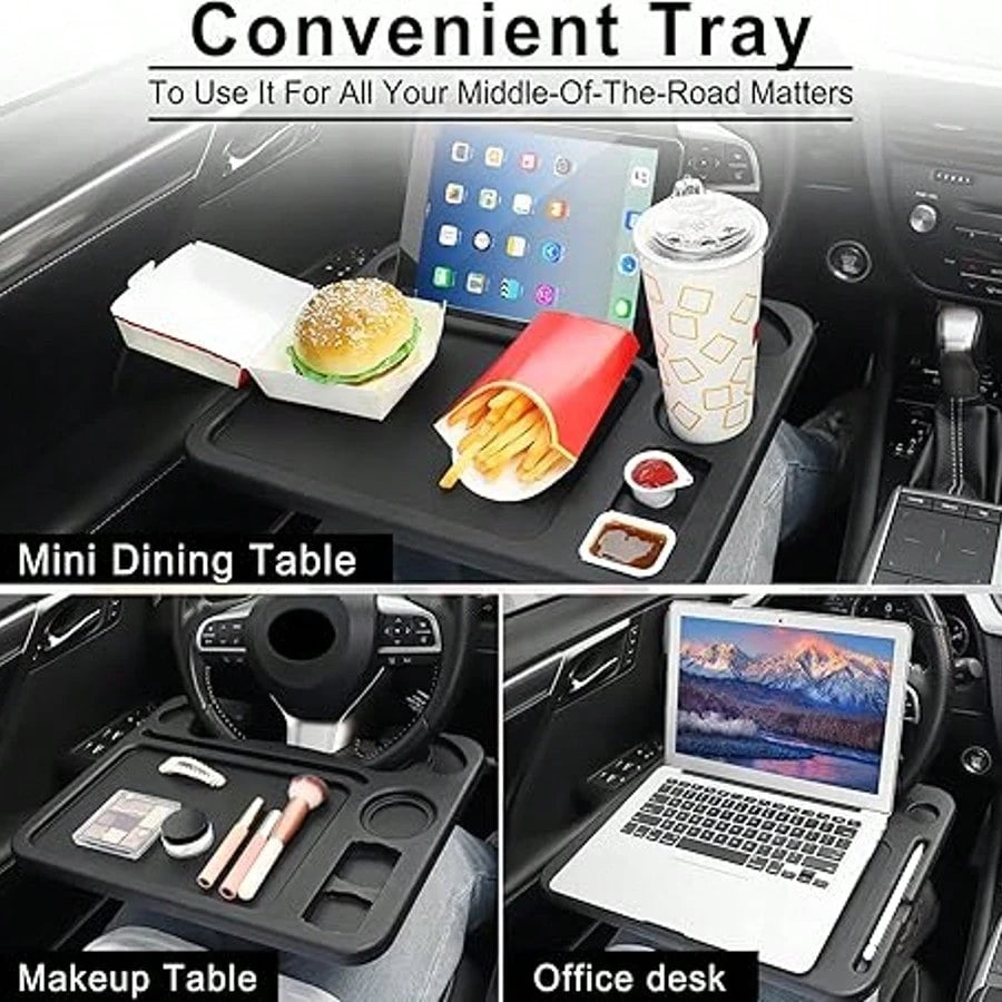 Car Steering Wheel Tray, 2 In 1 Auto Steering Wheel Desk For Eating Drinks Laptop, Multipurpose Vehicle Interior Travel Essential Table Accessories, Universal For RV, SUV, Truck (Black)
