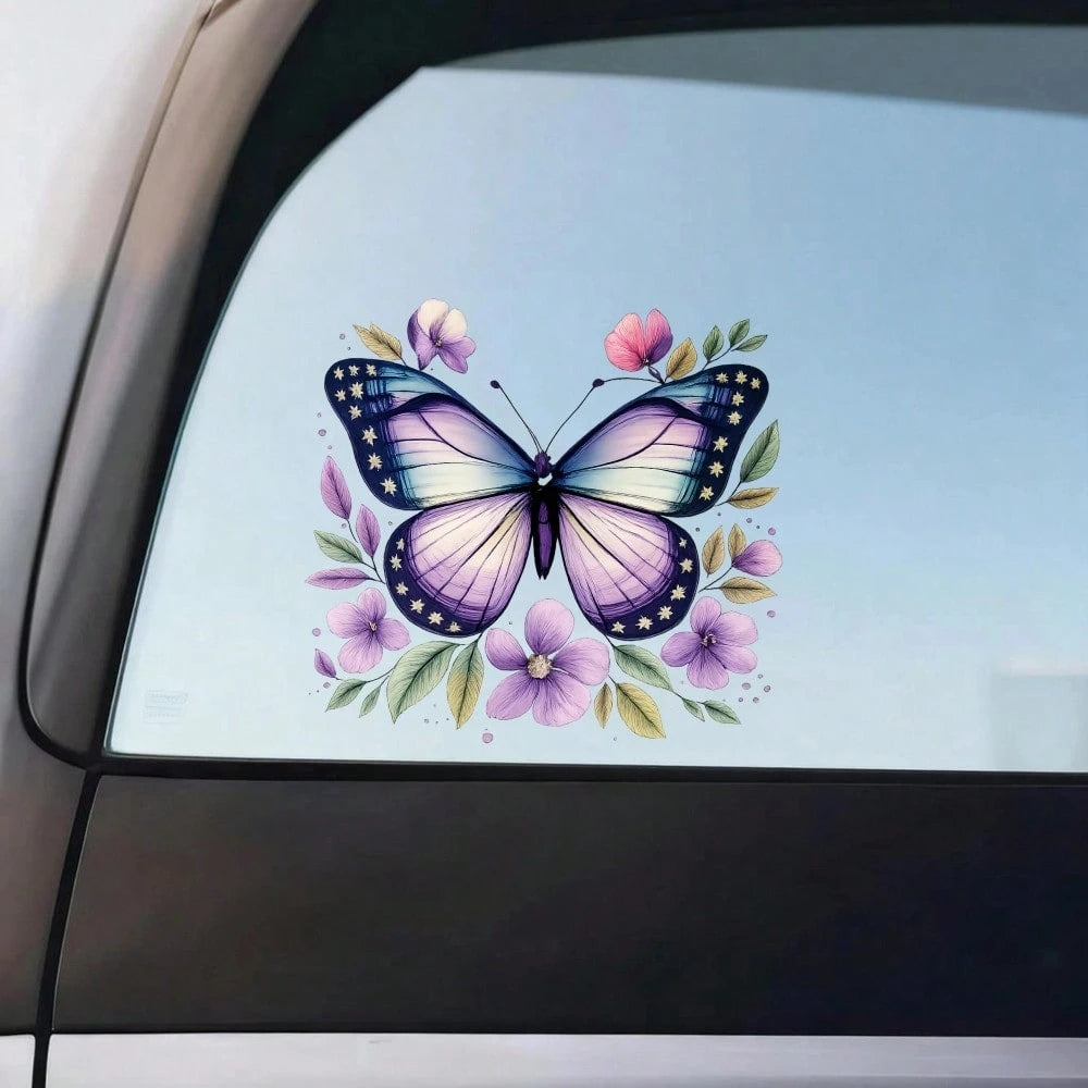 Car Stickers And Decals, Automotive Decals, Car Decor Funny Bumper Stickers, Butterfly Floral Pattern With Purple And Blue Tones, Car Accessories Window Decals Vinyl