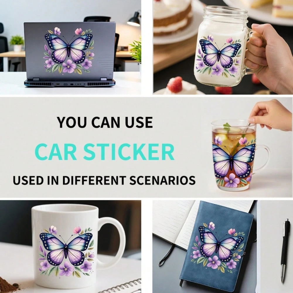 Car Stickers And Decals, Automotive Decals, Car Decor Funny Bumper Stickers, Butterfly Floral Pattern With Purple And Blue Tones, Car Accessories Window Decals Vinyl