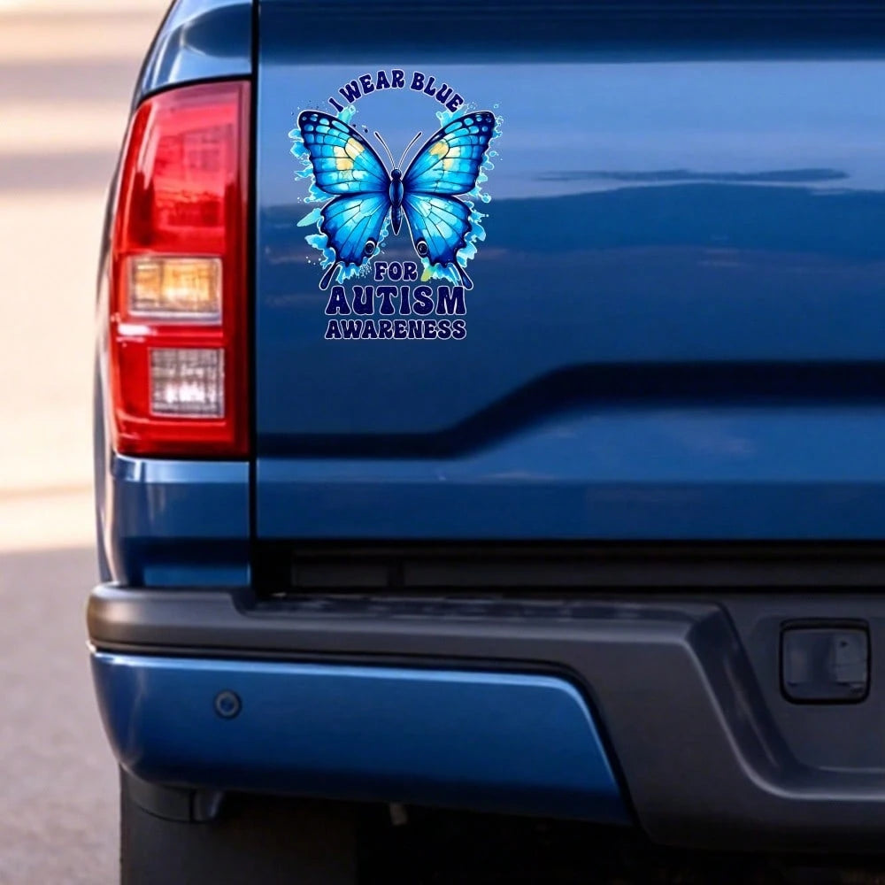 Car Stickers And Decals, Automotive Decals, Suitable For Rear Windshield, Fuel Tank Cap, And Car Doors, Blue Butterfly With Text I Wear Blue For Awareness, Car Accessories Window Decals Vinyl