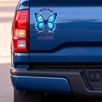 Car Stickers And Decals, Automotive Decals, Suitable For Rear Windshield, Fuel Tank Cap, And Car Doors, Blue Butterfly With Text I Wear Blue For Awareness, Car Accessories Window Decals Vinyl