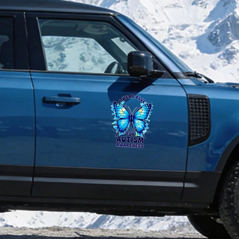 Car Stickers And Decals, Automotive Decals, Suitable For Rear Windshield, Fuel Tank Cap, And Car Doors, Blue Butterfly With Text I Wear Blue For Awareness, Car Accessories Window Decals Vinyl