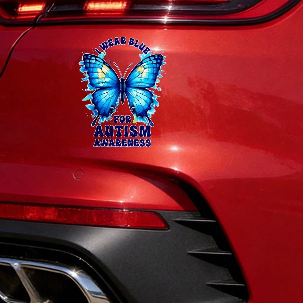Car Stickers And Decals, Automotive Decals, Suitable For Rear Windshield, Fuel Tank Cap, And Car Doors, Blue Butterfly With Text I Wear Blue For Awareness, Car Accessories Window Decals Vinyl