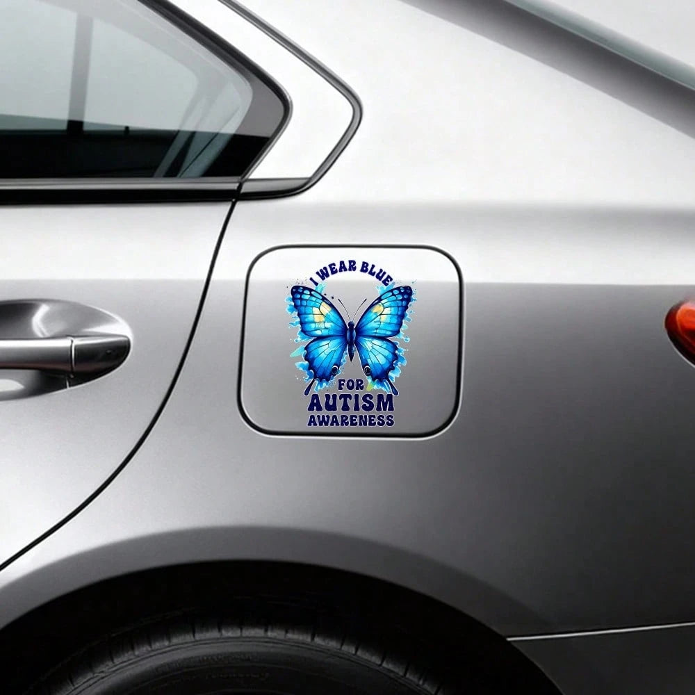 Car Stickers And Decals, Automotive Decals, Suitable For Rear Windshield, Fuel Tank Cap, And Car Doors, Blue Butterfly With Text I Wear Blue For Awareness, Car Accessories Window Decals Vinyl