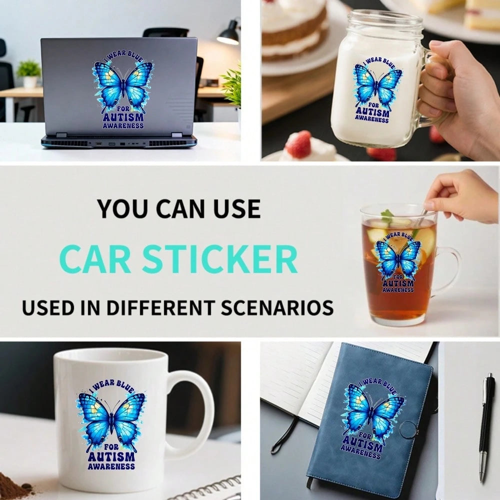 Car Stickers And Decals, Automotive Decals, Suitable For Rear Windshield, Fuel Tank Cap, And Car Doors, Blue Butterfly With Text I Wear Blue For Awareness, Car Accessories Window Decals Vinyl