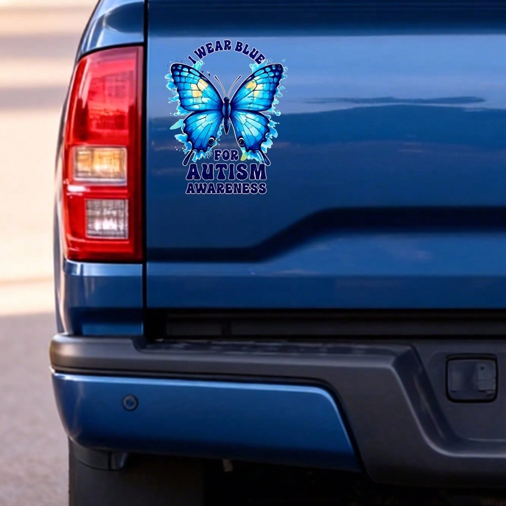 Car Stickers And Decals, Automotive Decals, Suitable For Rear Windshield, Fuel Tank Cap, And Car Doors, Blue Butterfly With Text I Wear Blue For Awareness, Car Accessories Window Decals Vinyl