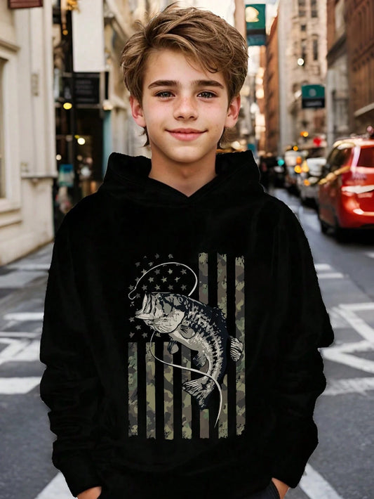 Casual Minimalist Cartoon Graphic Loose Fit Long Sleeve Hoodie Sweatshirt For Boys