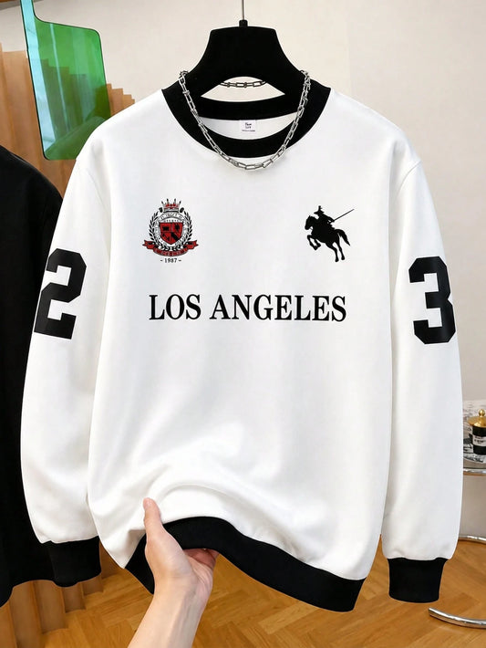 Casuvi Kids 1pc Teen Boys Spring/Autumn/Winter Los Angeles, Horse, 23 Number Print Crew Neck Pullover Patchwork Casual Sports College Sweatshirt