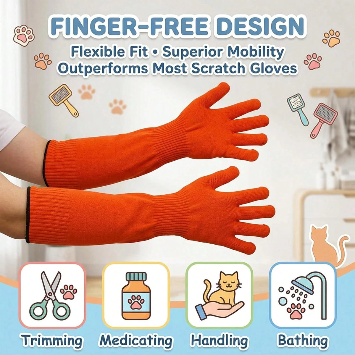 Cat Gloves Bite Proof, Cat Handling Gloves For Grooming And Washing, Cat Gloves To Prevent Scratching During Nail Trimming And Veterinary Examinations, 45cm Orange Protective Gloves For Anxious Cats