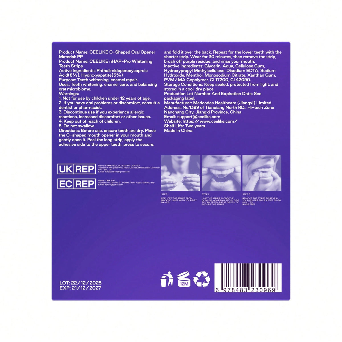 [CEELIKE] Purple Whitening Teeth Strips, Includes Dental Retractor- 7/21 Treatments- Contains Nano-Hydroxyapatite To Protect Enamel- Peroxide-Free Formula