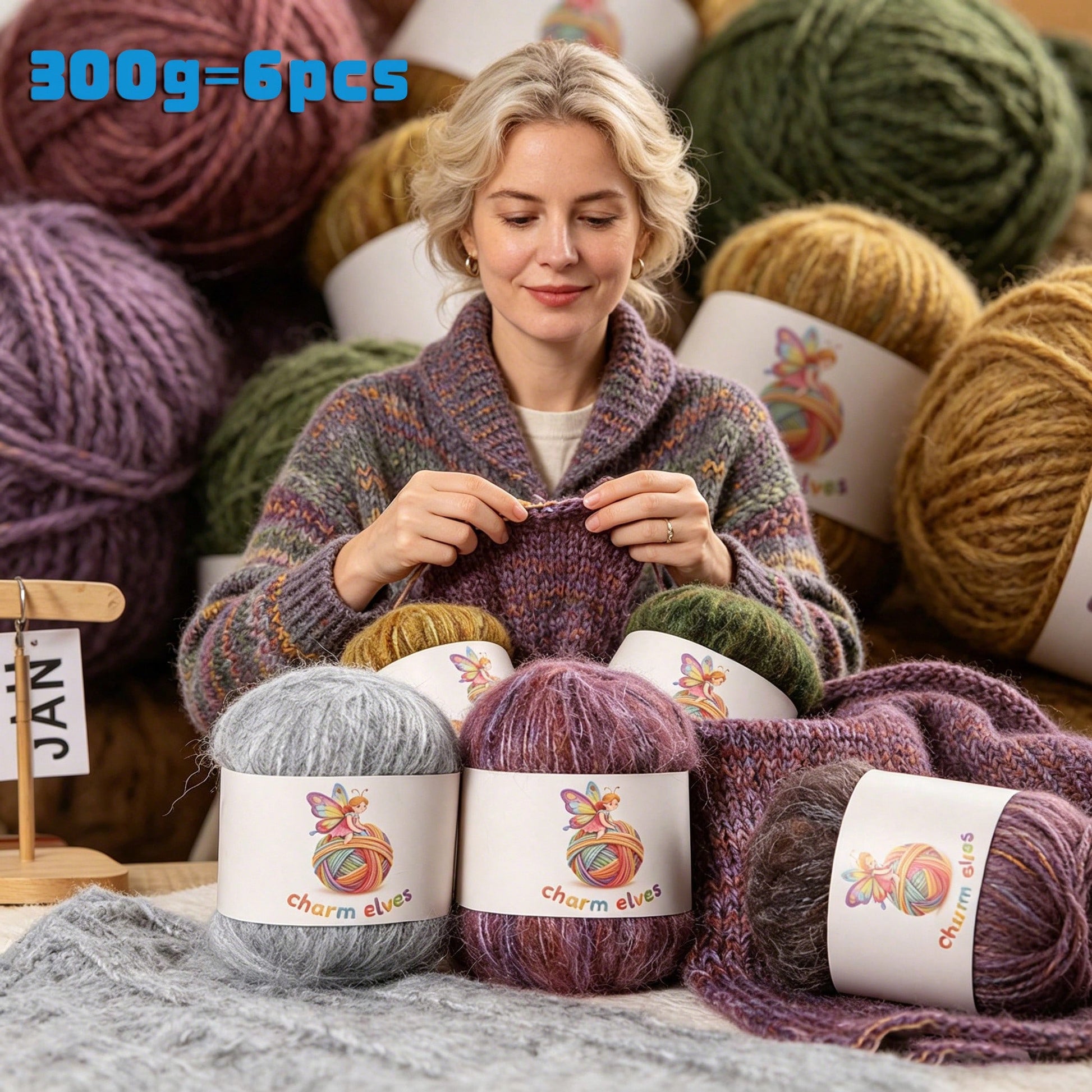 CHARM ELVES 300g/6pcs, 6-Pack Soft & Comfortable Sprinkled Yarn Colorful Mixed Mohair Yarn- 50g Per Roll, 300g Total, Multiple Colors Available, Colorful Handmade Knitting & Crochet Yarn, Favored By