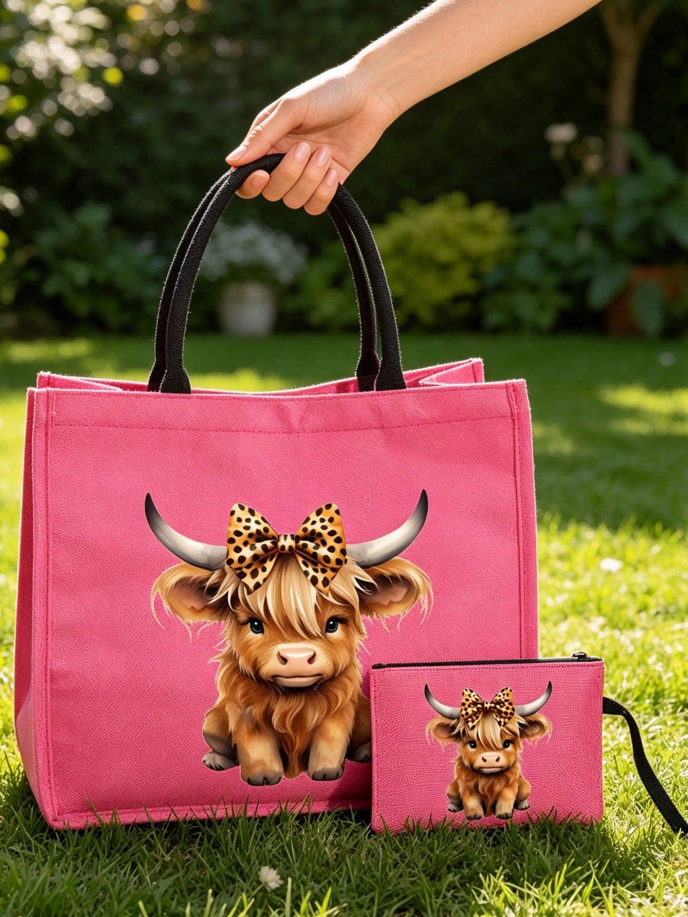 Charming Highland Cow Themed Print Pattern Linen Tote Bag, With Makeup Bag, Coin Purse, Letter, Zipper Bag, Personalized Gift Bag, Cartoon Fun Multifunctional Tote Bag, Makeup Bag, Miscellaneous Stora