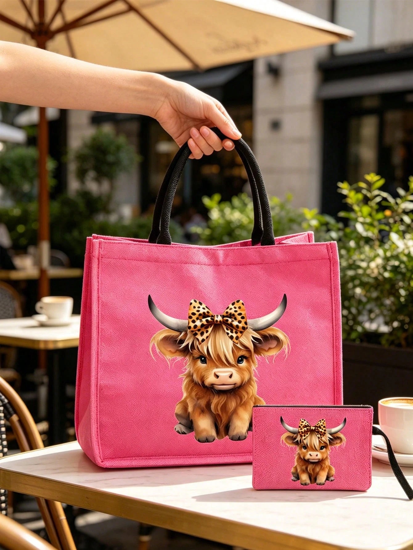 Charming Highland Cow Themed Print Pattern Linen Tote Bag, With Makeup Bag, Coin Purse, Letter, Zipper Bag, Personalized Gift Bag, Cartoon Fun Multifunctional Tote Bag, Makeup Bag, Miscellaneous Stora