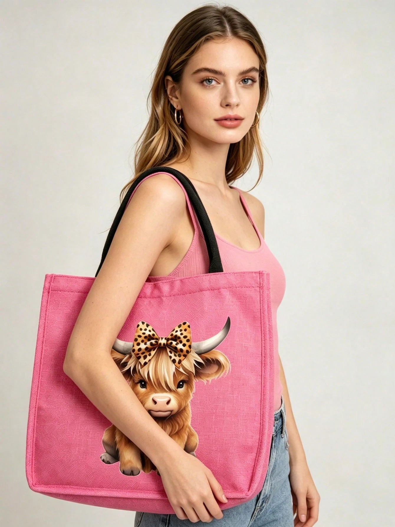 Charming Highland Cow Themed Print Pattern Linen Tote Bag, With Makeup Bag, Coin Purse, Letter, Zipper Bag, Personalized Gift Bag, Cartoon Fun Multifunctional Tote Bag, Makeup Bag, Miscellaneous Stora