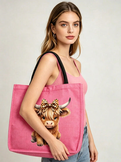 Charming Highland Cow Themed Print Pattern Linen Tote Bag, With Makeup Bag, Coin Purse, Letter, Zipper Bag, Personalized Gift Bag, Cartoon Fun Multifunctional Tote Bag, Makeup Bag, Miscellaneous Stora