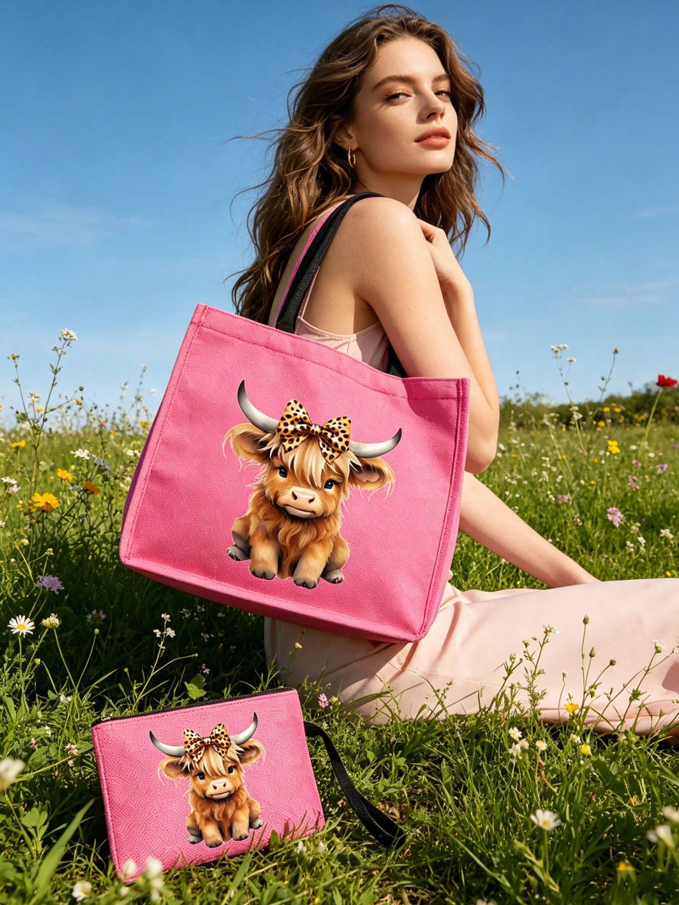 Charming Highland Cow Themed Print Pattern Linen Tote Bag, With Makeup Bag, Coin Purse, Letter, Zipper Bag, Personalized Gift Bag, Cartoon Fun Multifunctional Tote Bag, Makeup Bag, Miscellaneous Stora