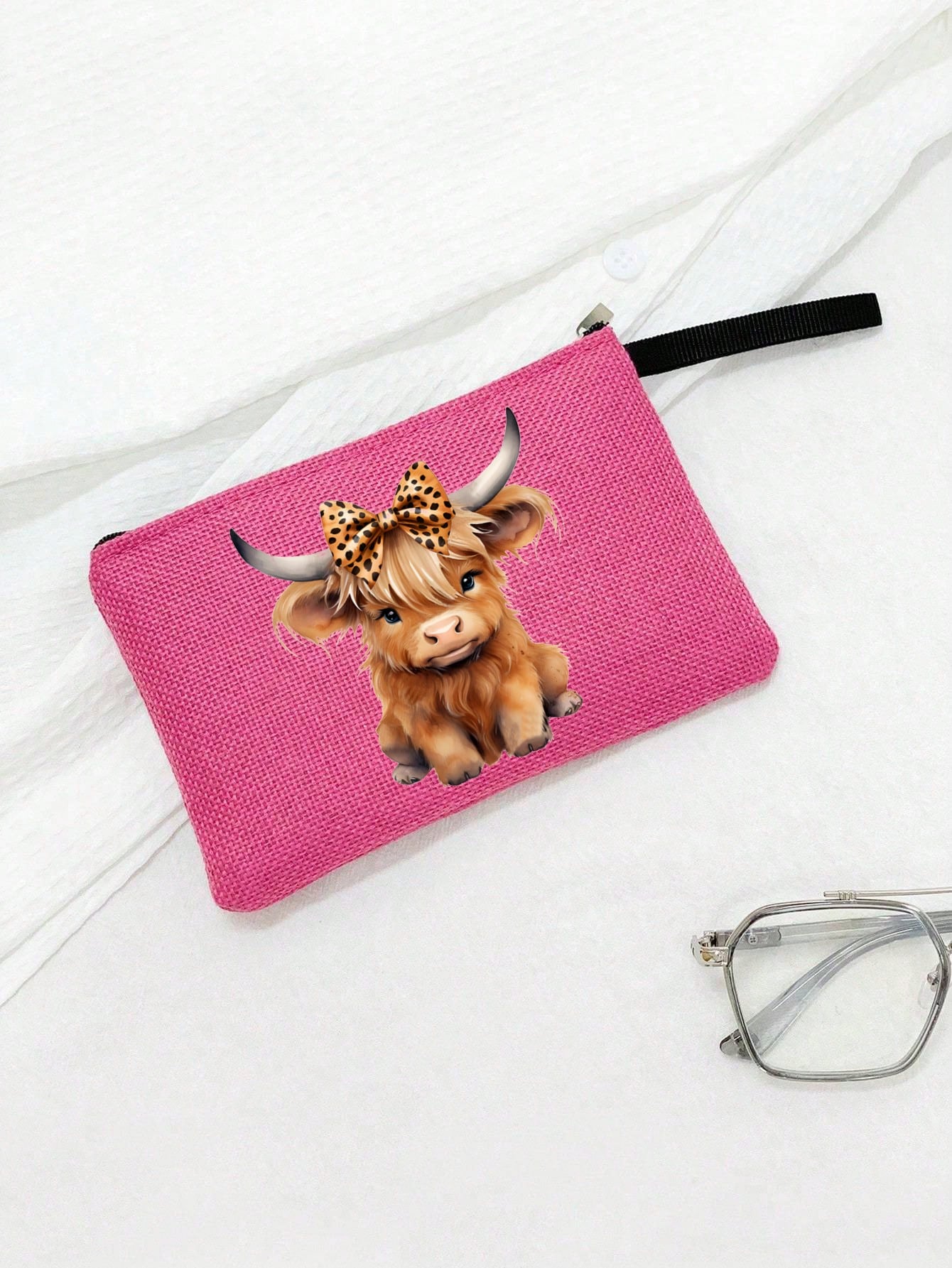 Charming Highland Cow Themed Print Pattern Linen Tote Bag, With Makeup Bag, Coin Purse, Letter, Zipper Bag, Personalized Gift Bag, Cartoon Fun Multifunctional Tote Bag, Makeup Bag, Miscellaneous Stora