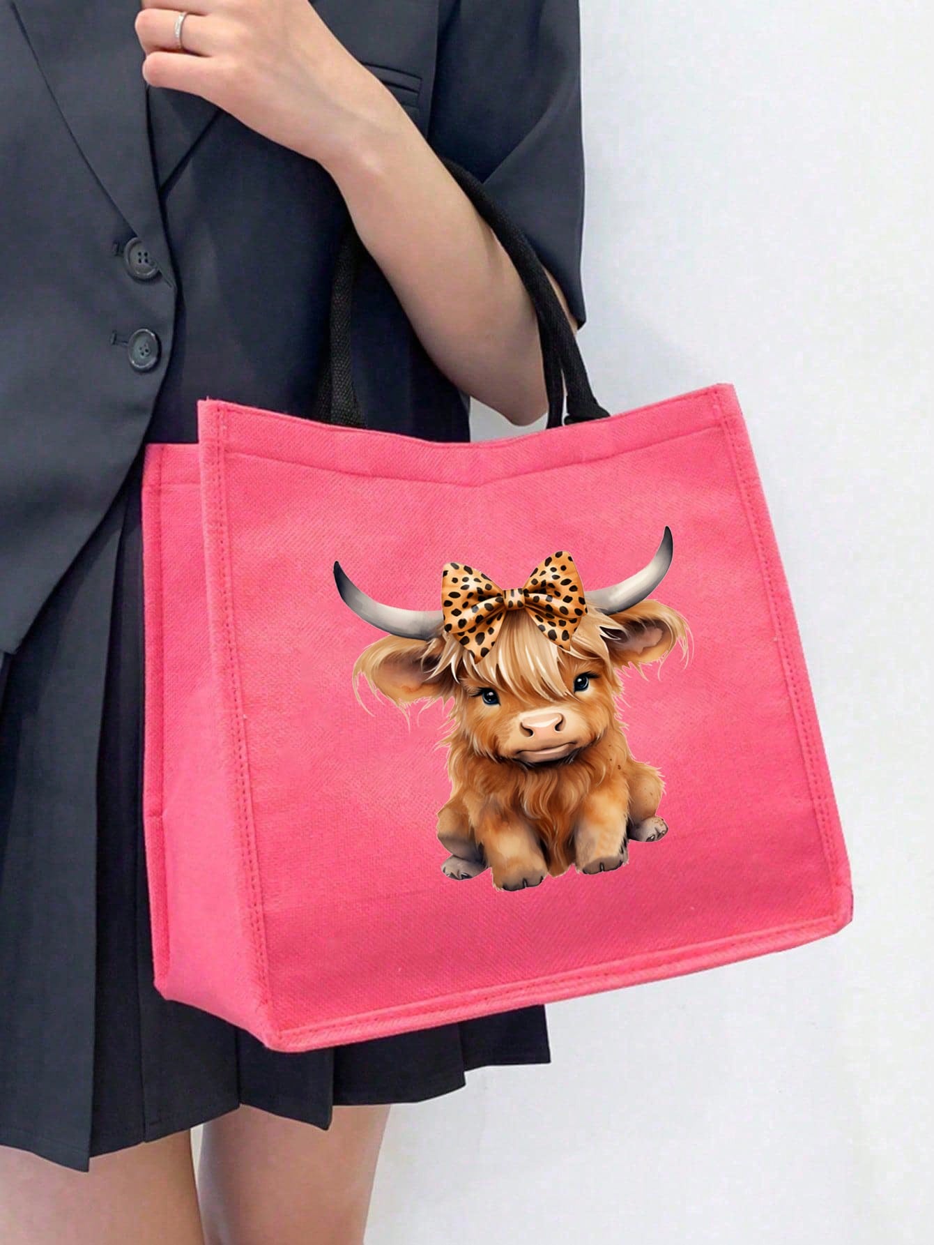 Charming Highland Cow Themed Print Pattern Linen Tote Bag, With Makeup Bag, Coin Purse, Letter, Zipper Bag, Personalized Gift Bag, Cartoon Fun Multifunctional Tote Bag, Makeup Bag, Miscellaneous Stora