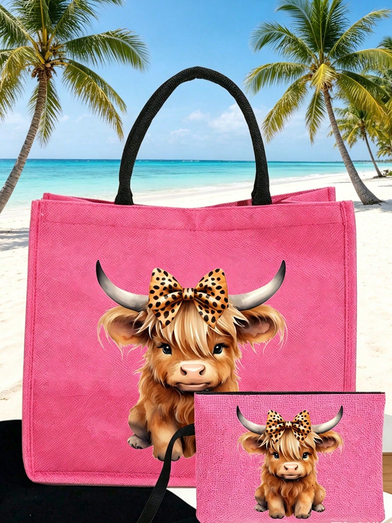 Charming Highland Cow Themed Print Pattern Linen Tote Bag, With Makeup Bag, Coin Purse, Letter, Zipper Bag, Personalized Gift Bag, Cartoon Fun Multifunctional Tote Bag, Makeup Bag, Miscellaneous Stora