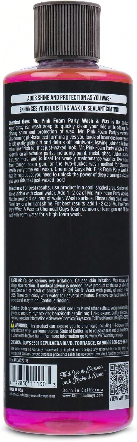 Chemical Guys CWS22116 Mr Pink Foam Party Wash &Amp; Wax (Works With Foam Cannons Or Bucket Washes) For Cars, Trucks, SUVS, Motorcycles, RVs &Amp; More, (16 Fl Oz) Tangerine Scent