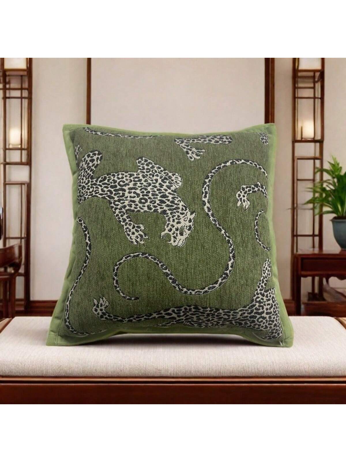 Chenille Jacquard Fabric Leopard Pattern Pillow Cover For Sofa Living Room, Vintage American Pastoral Style Throw Pillow Cushion For Bay Window Home Decor
