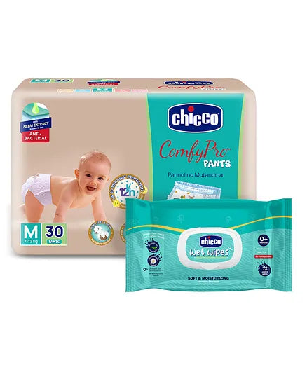 Chicco Comfypro Diaper Pants Medium - 30 Pieces &  Wet Wipes with Fliptop - 72 Wipes
