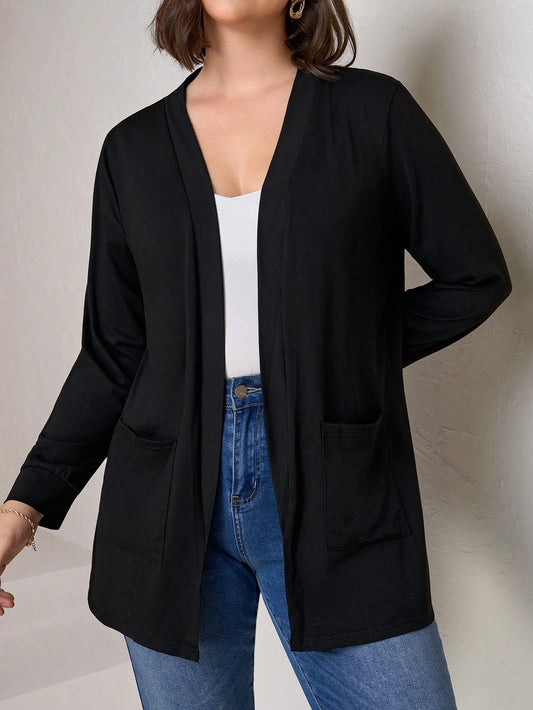 Chikora Plus Size Black Knit Pocket Loose Fit Cardigan With Pockets,Business Casual Woman,Fall Women Clothes Winter Autumn