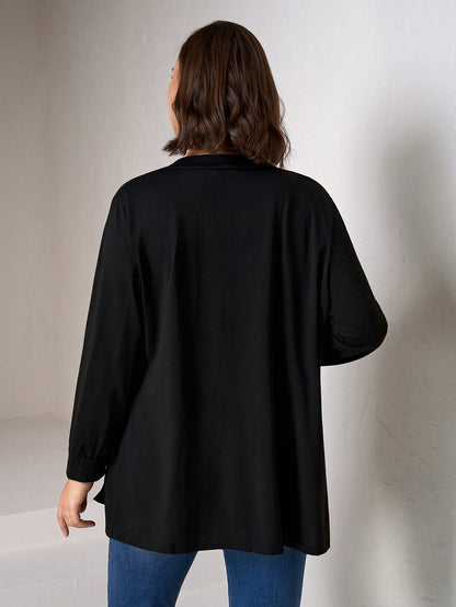 Chikora Plus Size Black Knit Pocket Loose Fit Cardigan With Pockets,Business Casual Woman,Fall Women Clothes Winter Autumn
