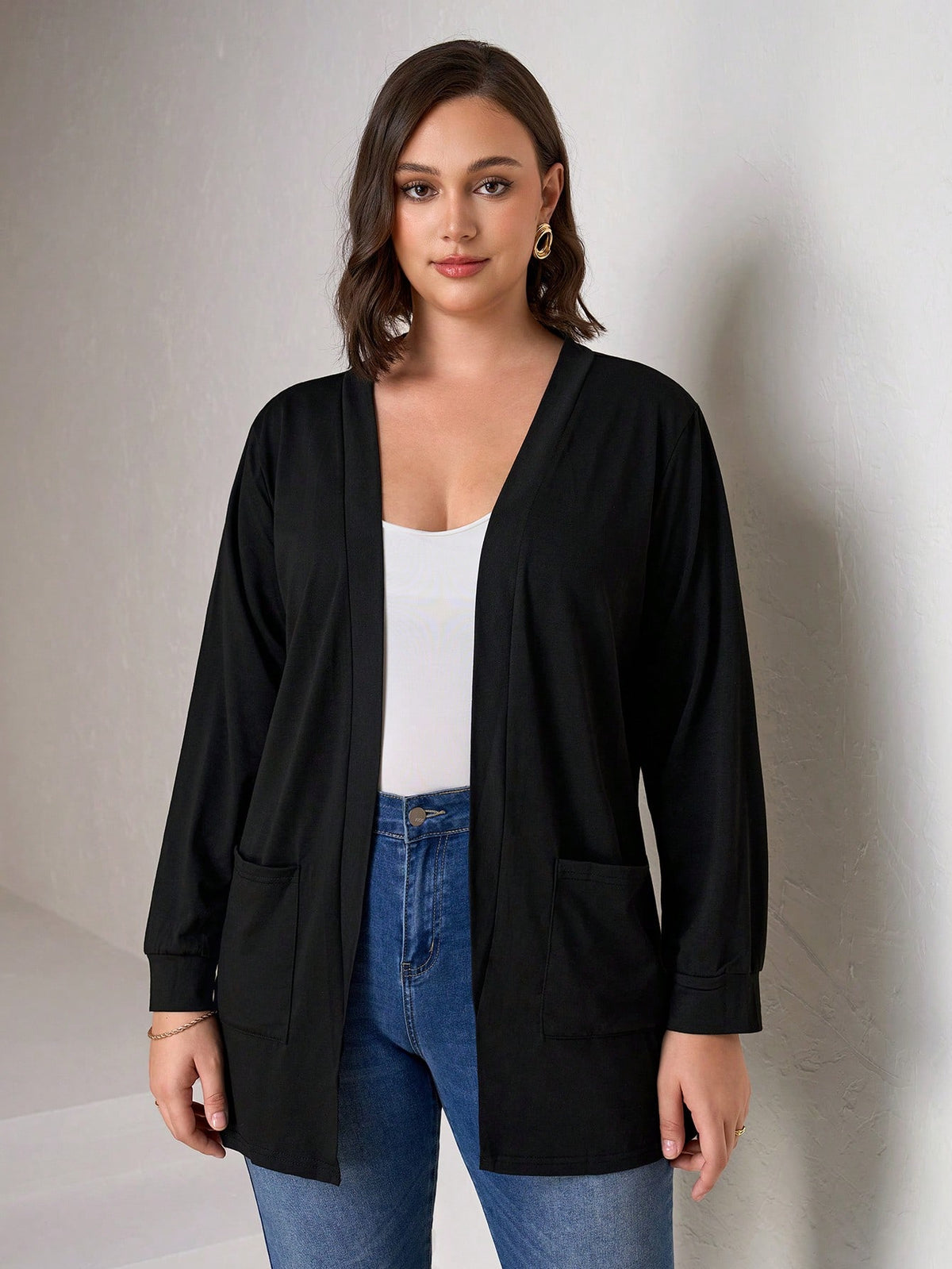 Chikora Plus Size Black Knit Pocket Loose Fit Cardigan With Pockets,Business Casual Woman,Fall Women Clothes Winter Autumn