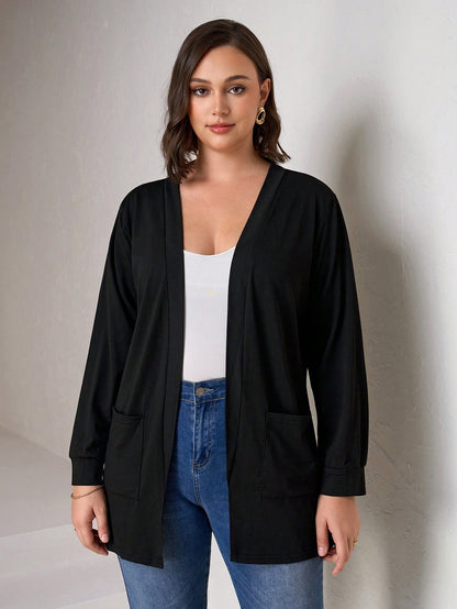 Chikora Plus Size Black Knit Pocket Loose Fit Cardigan With Pockets,Business Casual Woman,Fall Women Clothes Winter Autumn
