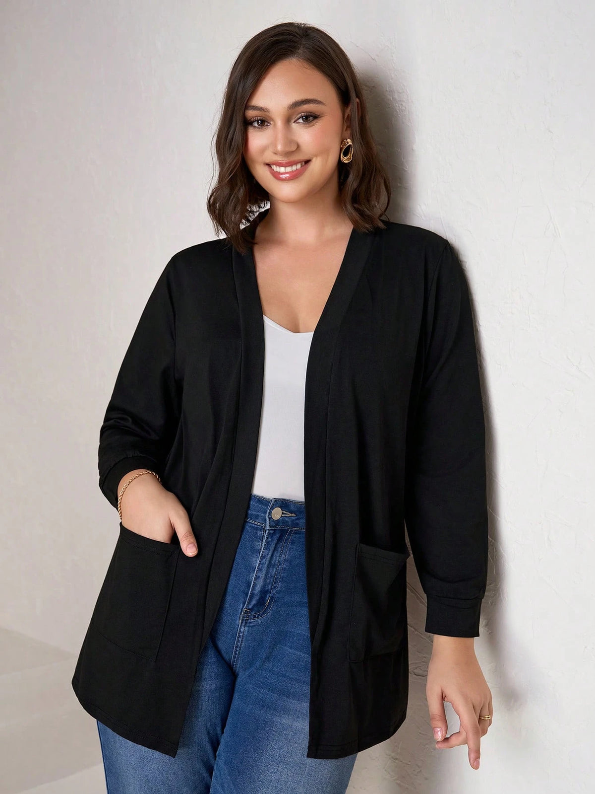 Chikora Plus Size Black Knit Pocket Loose Fit Cardigan With Pockets,Business Casual Woman,Fall Women Clothes Winter Autumn
