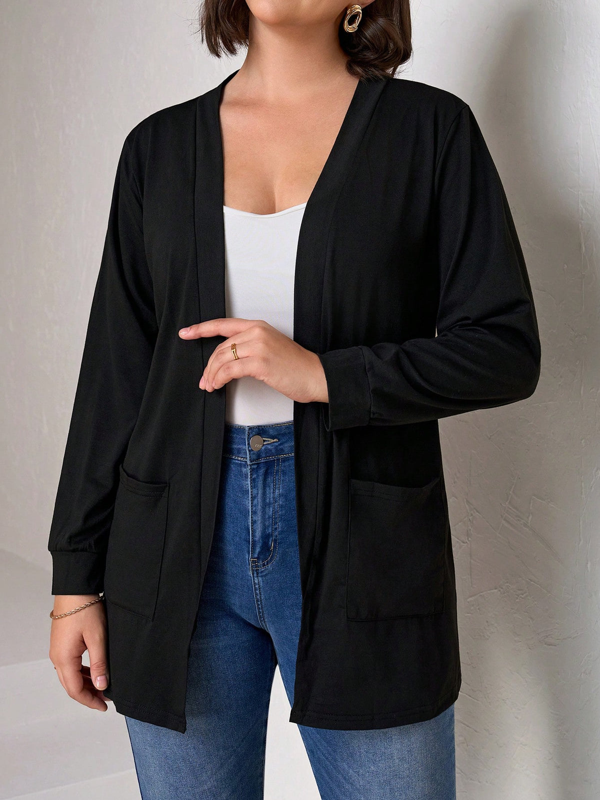 Chikora Plus Size Black Knit Pocket Loose Fit Cardigan With Pockets,Business Casual Woman,Fall Women Clothes Winter Autumn
