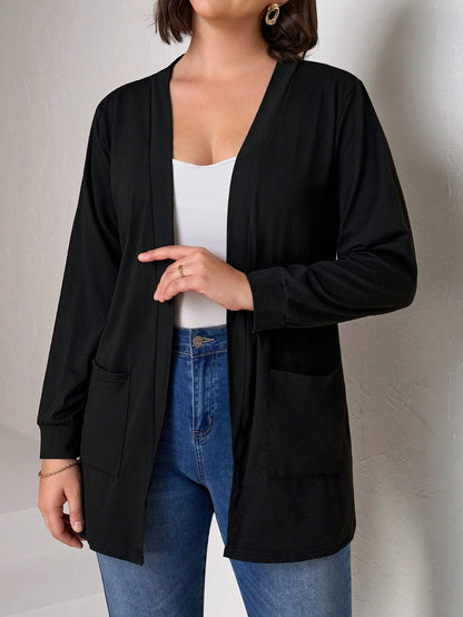 Chikora Plus Size Black Knit Pocket Loose Fit Cardigan With Pockets,Business Casual Woman,Fall Women Clothes Winter Autumn