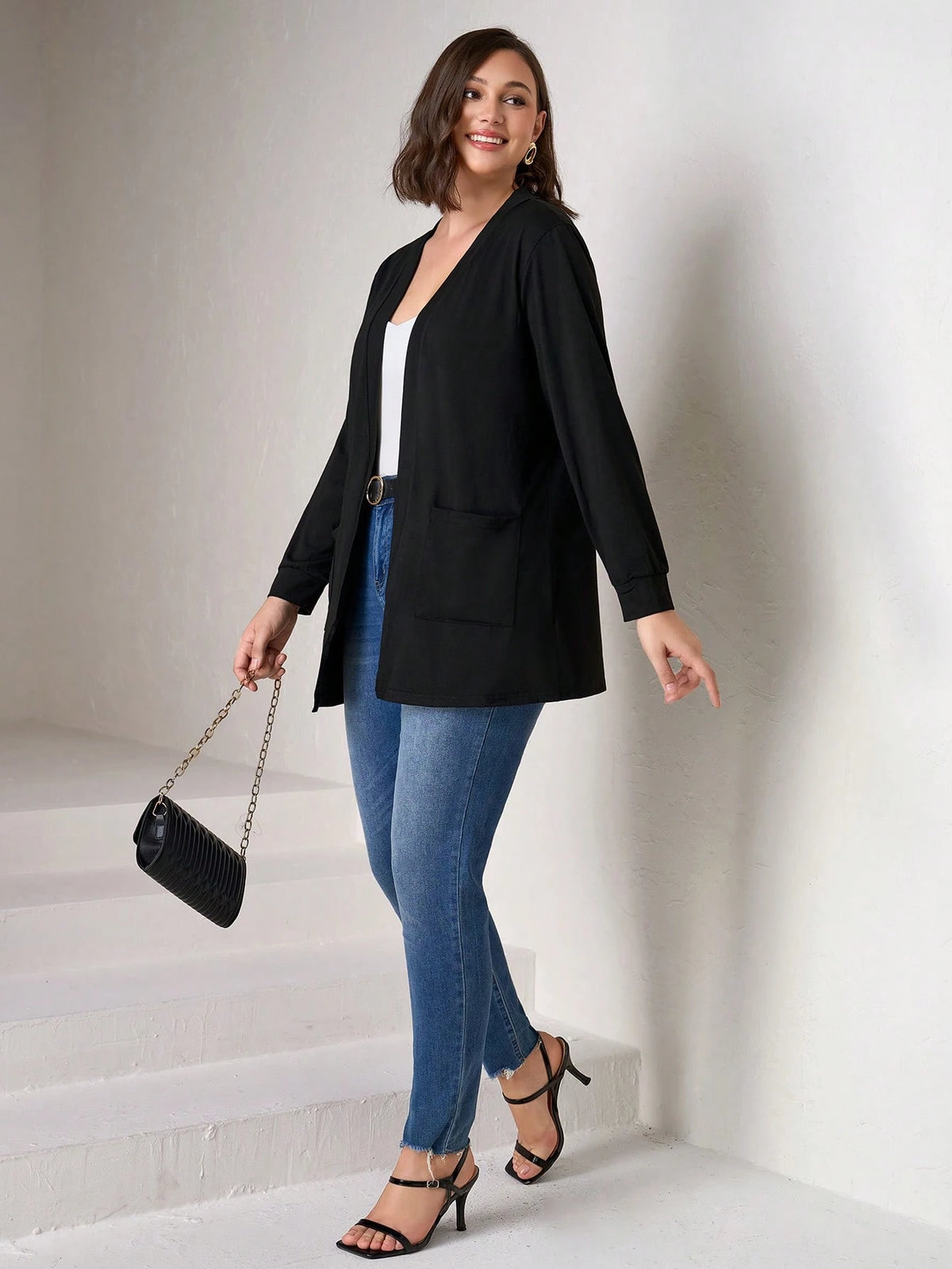 Chikora Plus Size Black Knit Pocket Loose Fit Cardigan With Pockets,Business Casual Woman,Fall Women Clothes Winter Autumn