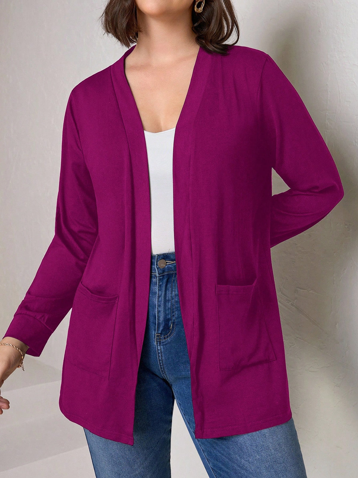 Chikora Plus Size Black Knit Pocket Loose Fit Cardigan With Pockets,Business Casual Woman,Fall Women Clothes Winter Autumn