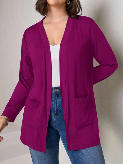 Chikora Plus Size Black Knit Pocket Loose Fit Cardigan With Pockets,Business Casual Woman,Fall Women Clothes Winter Autumn