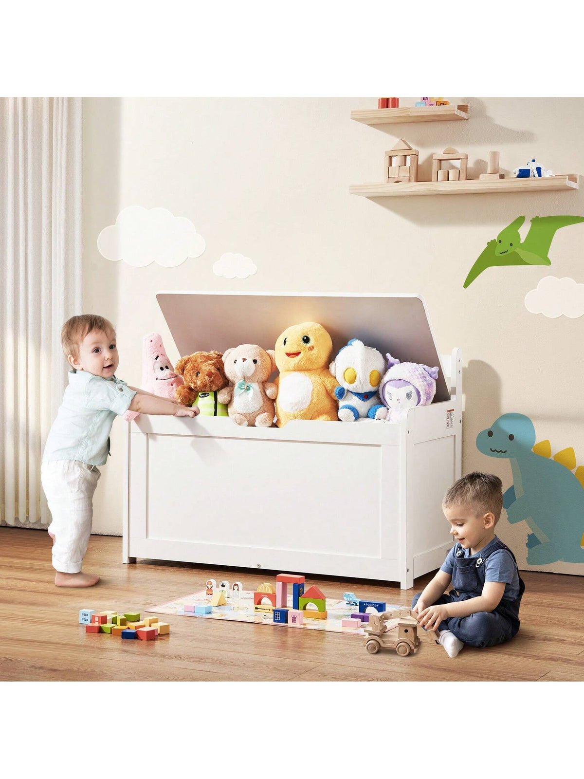 Children's Wooden Toy Box, Toddler Toy Storage Box With Flip Lid And Safety Hinges, Large Children's Storage Bench For Playroom, Bedroom, Living Room Or Entryway, Cherry, Gray, White