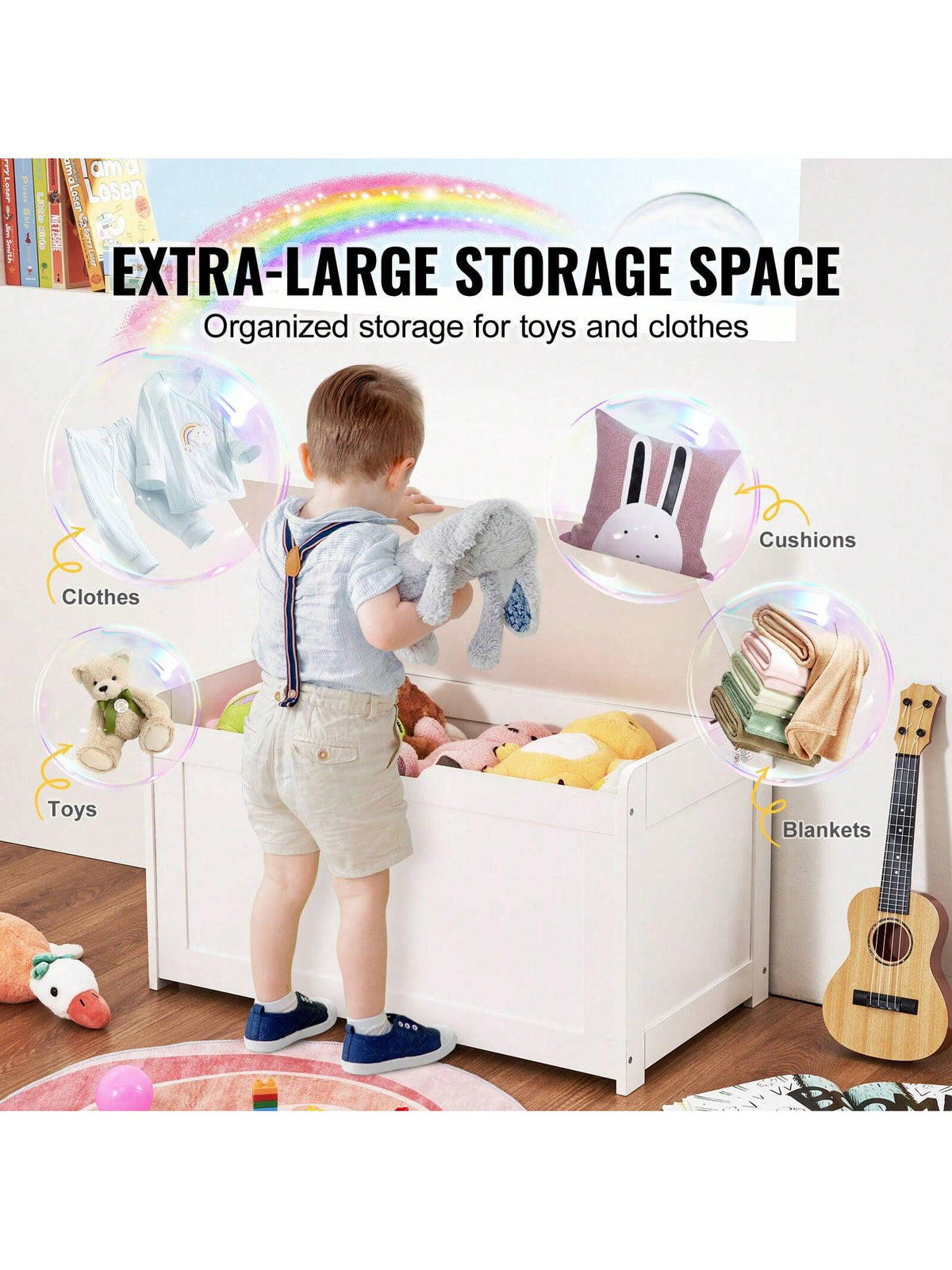 Children's Wooden Toy Box, Toddler Toy Storage Box With Flip Lid And Safety Hinges, Large Children's Storage Bench For Playroom, Bedroom, Living Room Or Entryway, Cherry, Gray, White