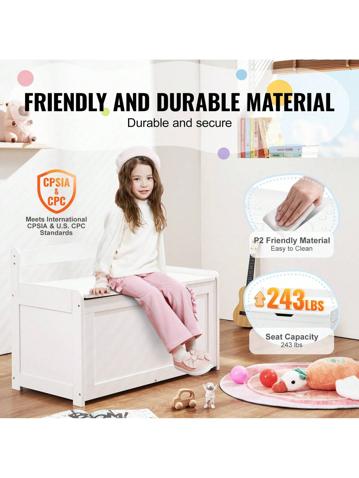 Children's Wooden Toy Box, Toddler Toy Storage Box With Flip Lid And Safety Hinges, Large Children's Storage Bench For Playroom, Bedroom, Living Room Or Entryway, Cherry, Gray, White