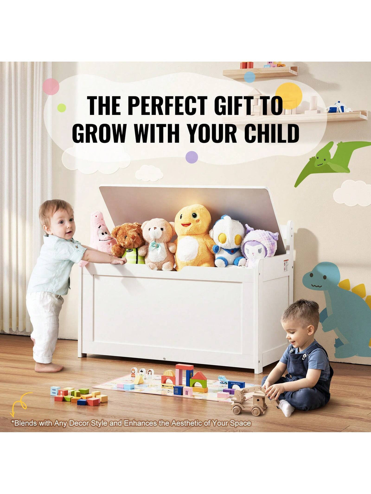 Children's Wooden Toy Box, Toddler Toy Storage Box With Flip Lid And Safety Hinges, Large Children's Storage Bench For Playroom, Bedroom, Living Room Or Entryway, Cherry, Gray, White