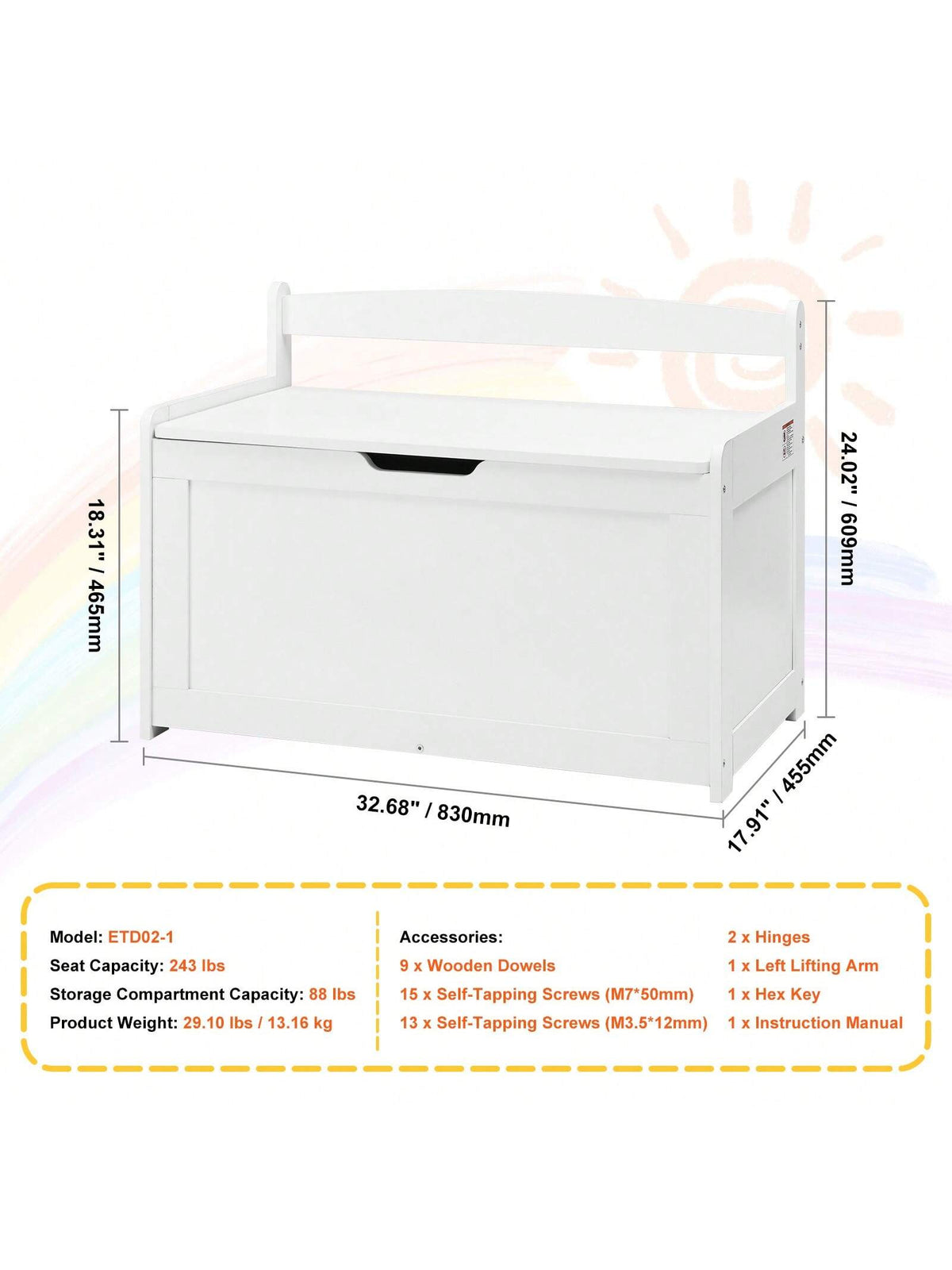 Children's Wooden Toy Box, Toddler Toy Storage Box With Flip Lid And Safety Hinges, Large Children's Storage Bench For Playroom, Bedroom, Living Room Or Entryway, Cherry, Gray, White